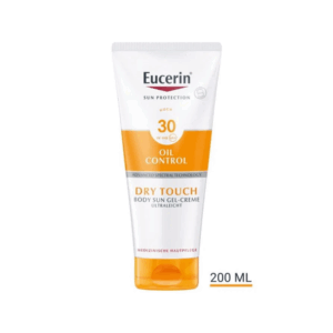 Sonnenschutzgel in einer weißen Tube mit orangefarbenen Akzenten und 30er Lichtschutzfaktor.