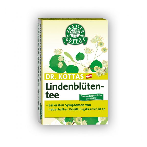 Verpackung von Dr. Kottas Lindenblütentee mit floralem Design und Gebrauchshinweisen zur Anwendung bei Erkältungssymptomen.