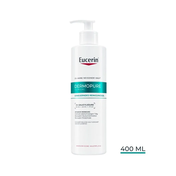 Flasche Eucerin Dermopure Reinigungsge gel mit Spender, für zu Akne neigende Haut, enthält 2% Salicylsäure.