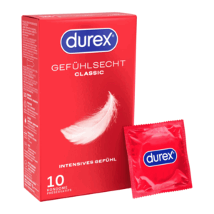 Rote Verpackung von Durex Gefühlssecht Classic mit einem Kondom in Folie außen.