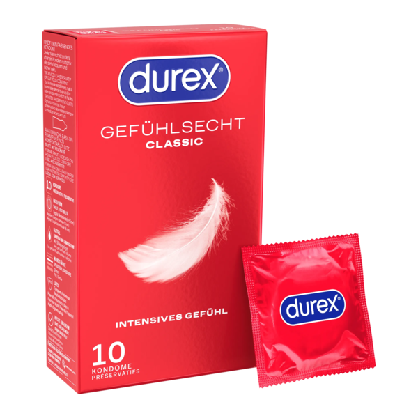 Rote Verpackung von Durex Gefühlssecht Classic mit einem Kondom in Folie außen.