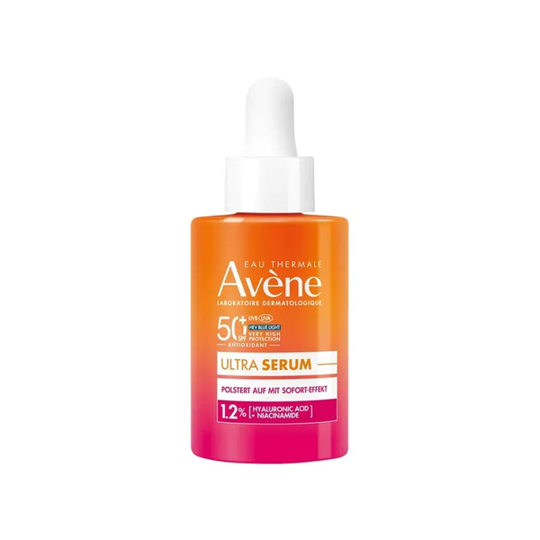 Flasche mit orangefarbenem Serum von Avène, schützt vor UV-Strahlen und enthält Hyaluronsäure und Niacinamid.