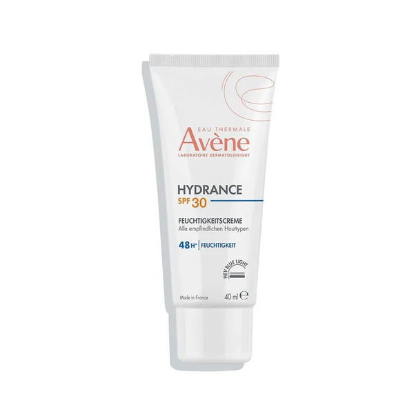 Hydratisierende Feuchtigkeitscreme von Avène in einer weißen Tube mit SPF 30, 40 ml Inhalt.