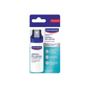 Sprühpflaster-Spray von Hansaplast, verpackt in einer weißen Flasche mit blauer Sprühkappe, für Wundschutz.