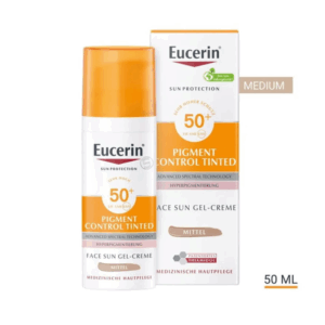 Eucerin Gesichts-Sonnencreme mit Lichtschutzfaktor 50+, gefärbte Gel-Creme, Packung in Orange und Weiß, 50 ml.