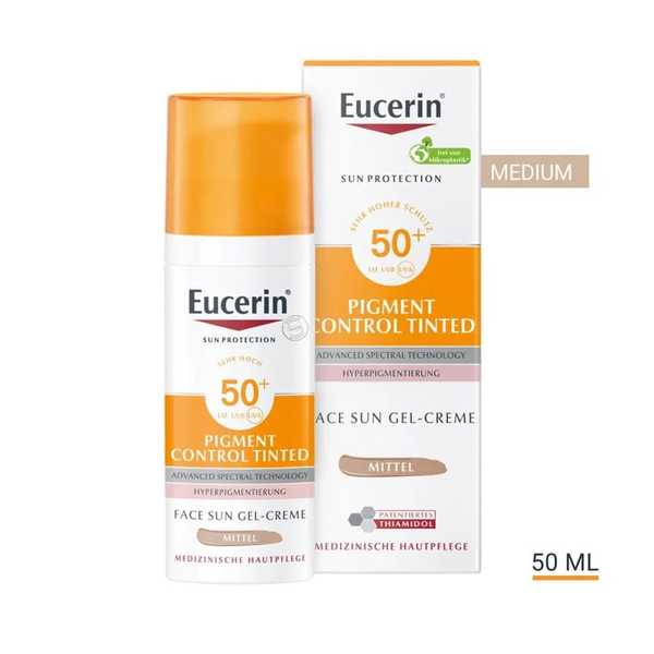 Eucerin Gesichts-Sonnencreme mit Lichtschutzfaktor 50+, gefärbte Gel-Creme, Packung in Orange und Weiß, 50 ml.