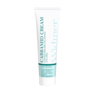 Tube mit Carbamidcreme, 12% Urea, zur Behandlung von trockener und rissiger Haut, helles Design mit türkisen Akzenten.