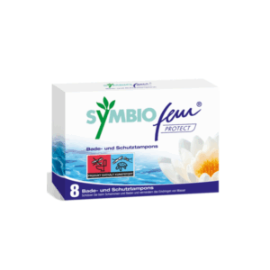 Verpackung von SYMBIOFEM Protect Bade- und Schutztampons mit Bildern und Hinweisen zur Anwendung.
