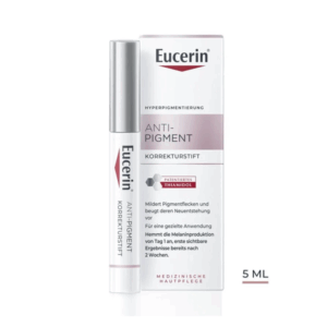 Eucerin Anti-Pigment Korrekturstift in einer weißen Verpackung mit lila Akzenten, 5 ml Inhalt, zur Milderung von Pigmentflecken.