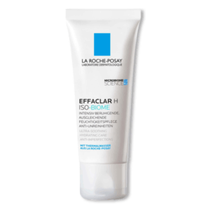 Weiße Tube mit Schraubverschluss von La Roche-Posay, Effaclar H ISO-BIOME Feuchtigkeitspflege, beruhigend und ausgleichend.