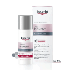 Eucerin Anti-Pigment Nachtpflege in einer weißen Flasche mit silbernem Deckel und passenden Verpackungskarton, 50 ml.
