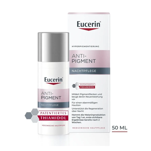 Eucerin Anti-Pigment Nachtpflege in einer weißen Flasche mit silbernem Deckel und passenden Verpackungskarton, 50 ml.