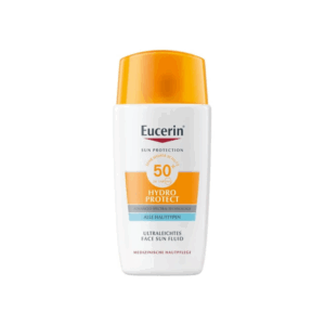 Flasche mit Eucerin Hydro Protect Sonnenfluid für das Gesicht, hoher UV-Schutz, orangefarbener Deckel.