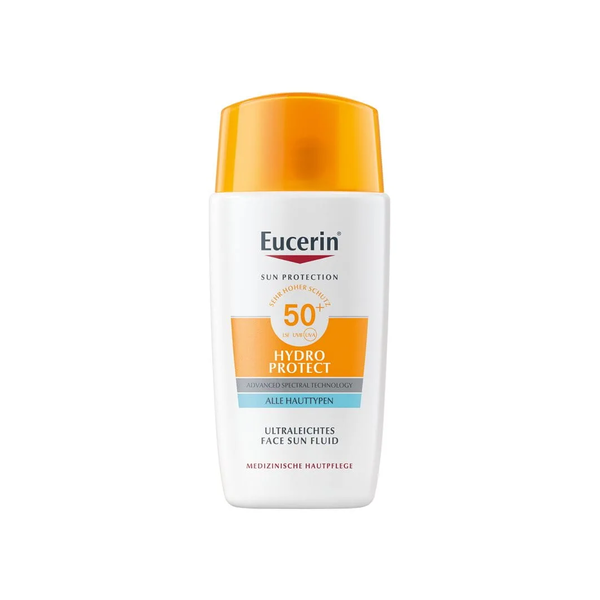 Flasche mit Eucerin Hydro Protect Sonnenfluid für das Gesicht, hoher UV-Schutz, orangefarbener Deckel.