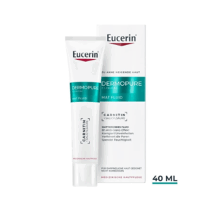 Eucerin Dermopure Mat Fluid in einer weißen Tube mit grüner Schrift, begleitet von einer Verpackung.
