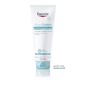 Eucerin Atopi Control beruhigende Hydro-Lotion in einer weißen Tube mit blauen Akzenten, 400 ml Inhalt.