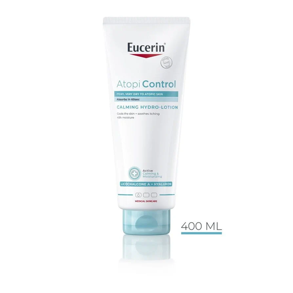 Eucerin Atopi Control beruhigende Hydro-Lotion in einer weißen Tube mit blauen Akzenten, 400 ml Inhalt.