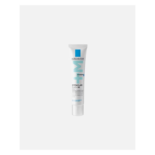 Ein schlanker, weißer Tubus mit blauen Akzenten, beschriftet mit "Effaclar Duo+M" von La Roche-Posay, für Hautpflege.