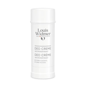 Weiße Deo-Creme von Louis Widmer in einem Stiftformat, ohne Alkohol, mit klarer Beschriftung.