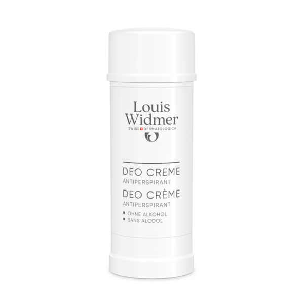 Weiße Deo-Creme von Louis Widmer in einem Stiftformat, ohne Alkohol, mit klarer Beschriftung.