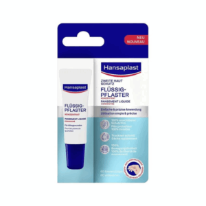 Verpackung von Hansaplast Flüssig-Pflaster mit Anwendungsdetails und Eigenschaften auf blauer Hintergrund.