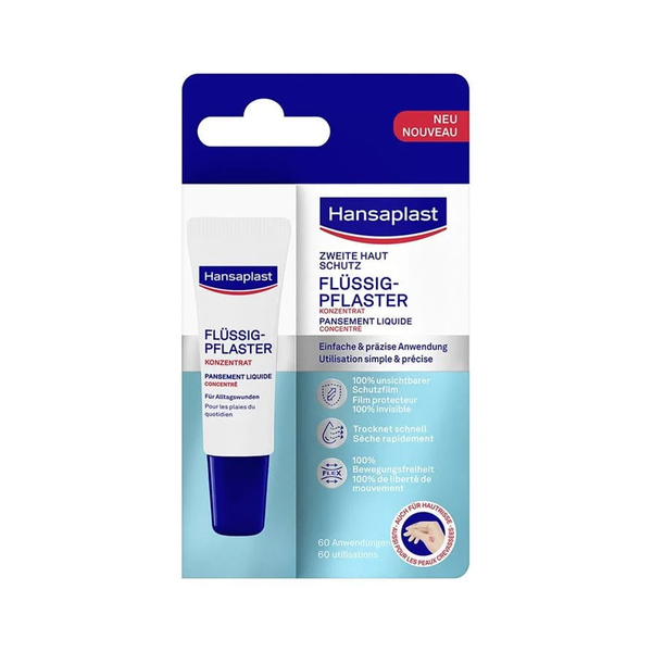 Verpackung von Hansaplast Flüssig-Pflaster mit Anwendungsdetails und Eigenschaften auf blauer Hintergrund.