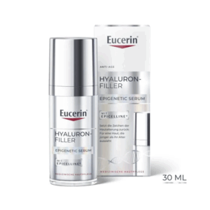 Glasflasche mit Eucerin Hyaluron-Filler Epigenetic Serum in einer schützenden Verpackung, anti-aging Produkt.