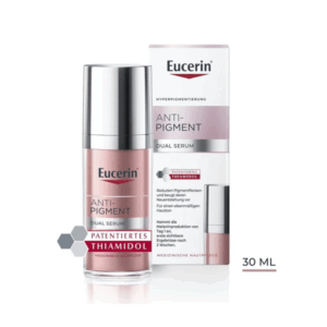 Eucerin Anti-Pigment Dual Serum in Glasflasche mit silbernem Pumpverschluss, verpackt in einer kartonierten Schachtel.