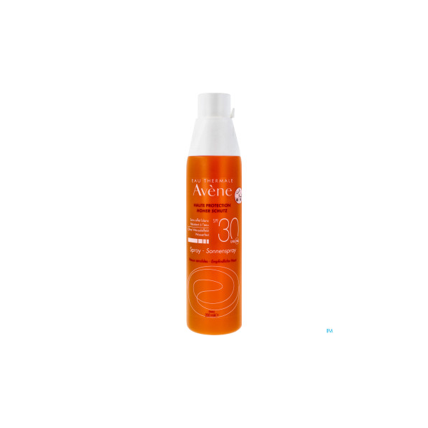 Sprayflasche mit orangefarbener Verpackung für Sonnenschutz mit LSF 30 der Marke Avène.