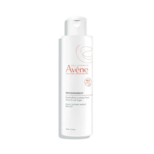 Flasche mit Reinigungsmilch von Avène für empfindliche, trockene Haut, designed zur sanften Reinigung und Makeup-Entfernung.