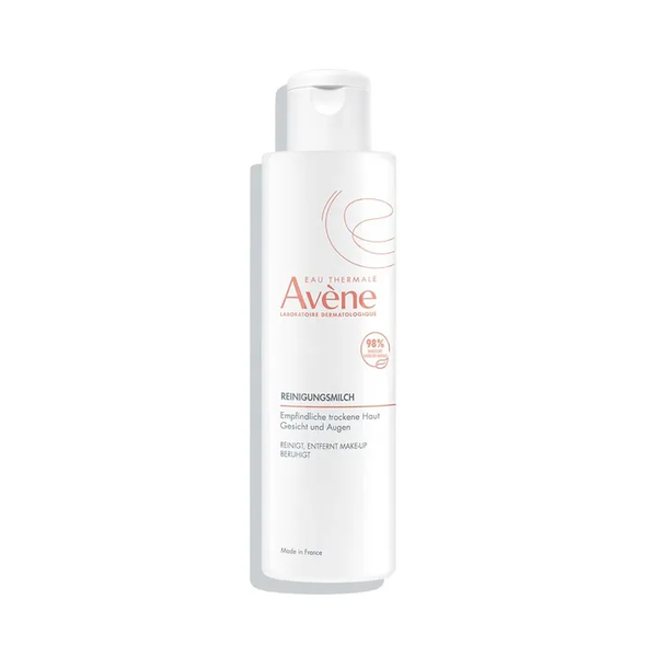Flasche mit Reinigungsmilch von Avène für empfindliche, trockene Haut, designed zur sanften Reinigung und Makeup-Entfernung.