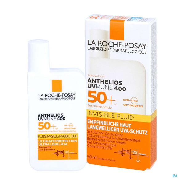 Sonnenschutzmittel von La Roche-Posay in einer weißen Flasche mit orangefarbenem Etikett, 50 ml, für empfindliche Haut.