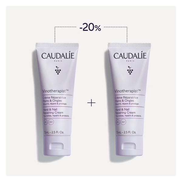 Zwei Tuben der Vinotherapist Hand- und Nagelcreme von Caudalie mit einem Rabatt von 20% auf der Verpackung.