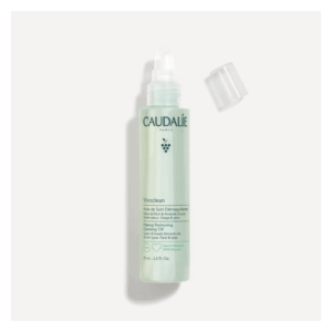 Flasche mit Make-up Entferner, grüner Kunststoff, Pumpe, 75 ml, für Gesicht und Augen geeignet.