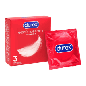 Rote Verpackung von Durex Gefühlssecht Classic mit Kondom und einer stilisierten Feder auf der Vorderseite.