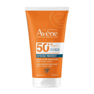 Tube mit Sonnencreme von Avène, 150 ml, mit sehr hohem Lichtschutzfaktor 50+ und orangefarbenem Etikett.