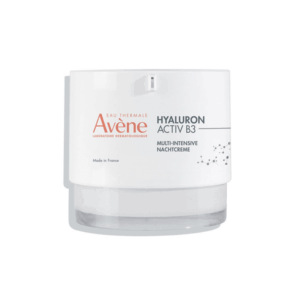 Weiße Nachtcreme von Avène mit Hyaluron und B3 in einem runden, transparenten Tiegel.