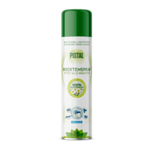 Insektenspray in einer weißen Dose mit grünem Deckel, pflanzenbasiert und geruchlos, zur Bekämpfung aller Insekten.