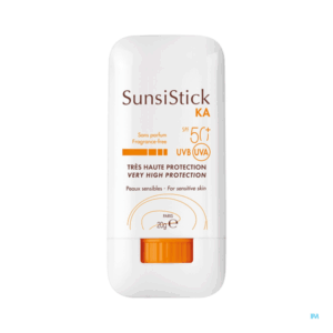 Sunscreen Stick mit hoher Lichtschutzfaktor-Labelierung und orangefarbenem Drehverschluss, für sensible Haut geeignet.