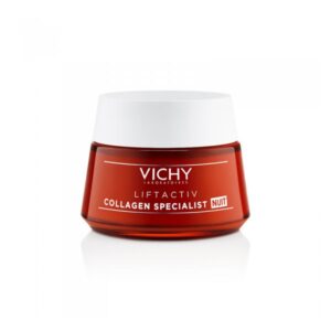 Rot-glänzender Tiegel mit weißem Deckel, beschriftet mit "VICHY LIFTACTIV COLLAGEN SPECIALIST NUIT".