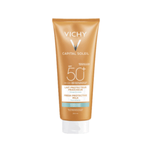 Sonnenschutzmilch von Vichy in einer orangefarbenen Tube mit Schutzfaktor 50 und feuchtigkeitsspendenden Eigenschaften.