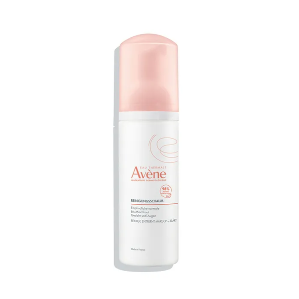 Reinigungschaum von Avène in einer weißen Flasche mit rosa Deckel, geeignet für empfindliche Haut.