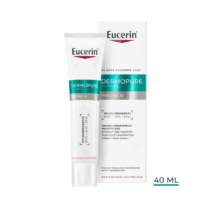 Eucerin Dermopure Peeling 10, 40 ml Tube mit cremefarbener und blauer Verpackung für akneanfällige Haut.