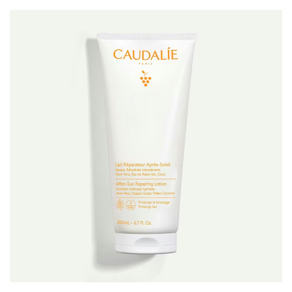 Nachsorge-Lotion in einer weißen Tube mit oranger Schrift, enthält Aloe Vera und Traubenwasser, 200ml.