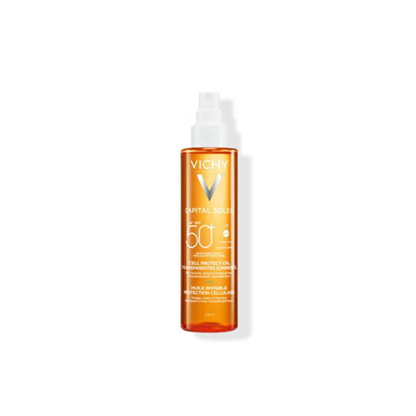 Schutzöl von Vichy mit LSF 50 in einer transparenten Sprühflasche, 200 ml, betont Sonnenschutz und Hautpflege.
