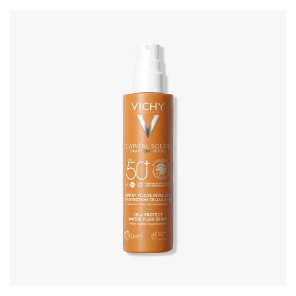 Sonnenspray von Vichy in orangefarbener Flasche mit Sprühkopf, Schutzfaktor 50+. Hypoallergen und wasserresistent.