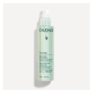 Flasche für das Vinoclean Reinigungsöl von Caudalie, mit pumpbarer Dosierung und grün-transparentem Design.