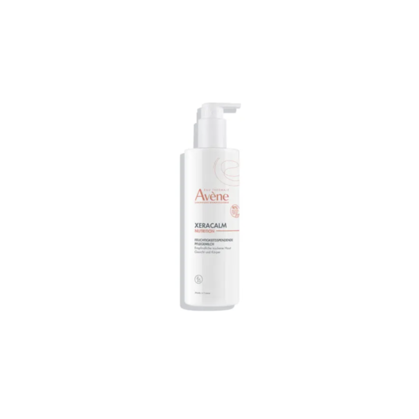 Flasche mit Avène Xeracalm Nutrition, feuchtigkeitsspendende Pflege für trockene Haut, mit Pumpspender.