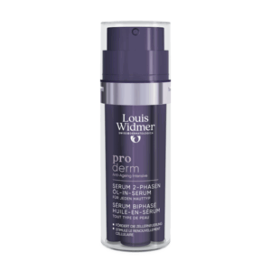 Zweiphasiges Öl-in-Serum in einem transparenten Pumpflakon von Louis Widmer für jede Hautart.