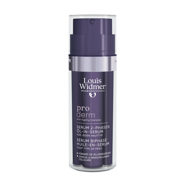 Zweiphasiges Öl-in-Serum in einem transparenten Pumpflakon von Louis Widmer für jede Hautart.